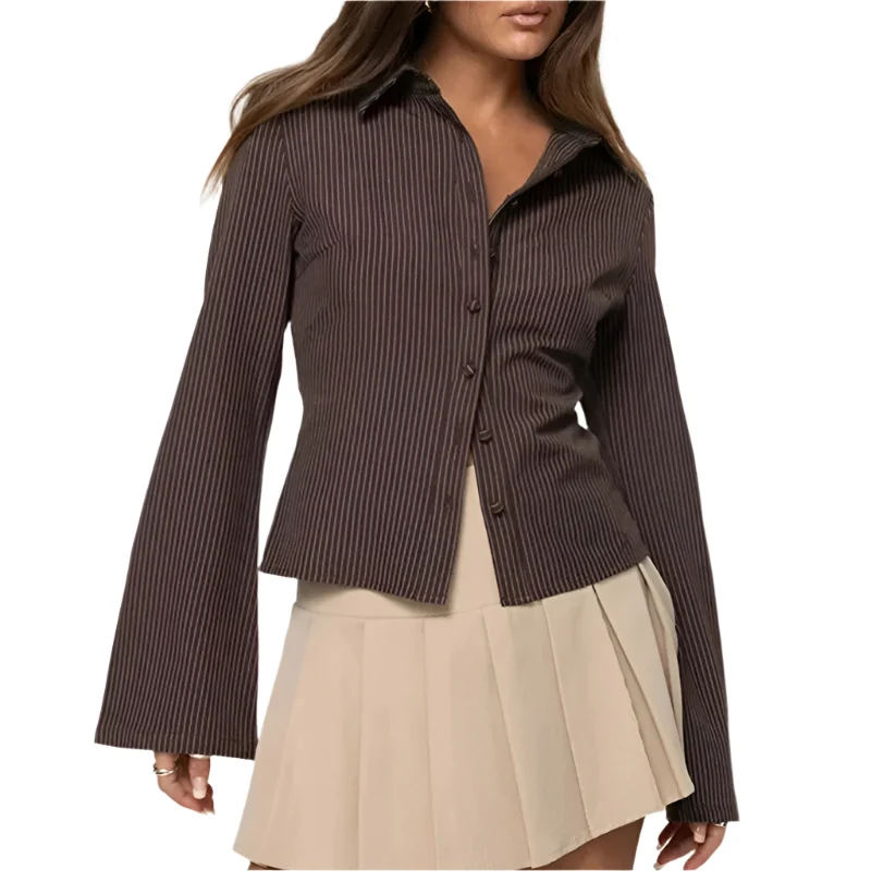 Kvinna Retro Blus Slim Fit med Flared Ärmar