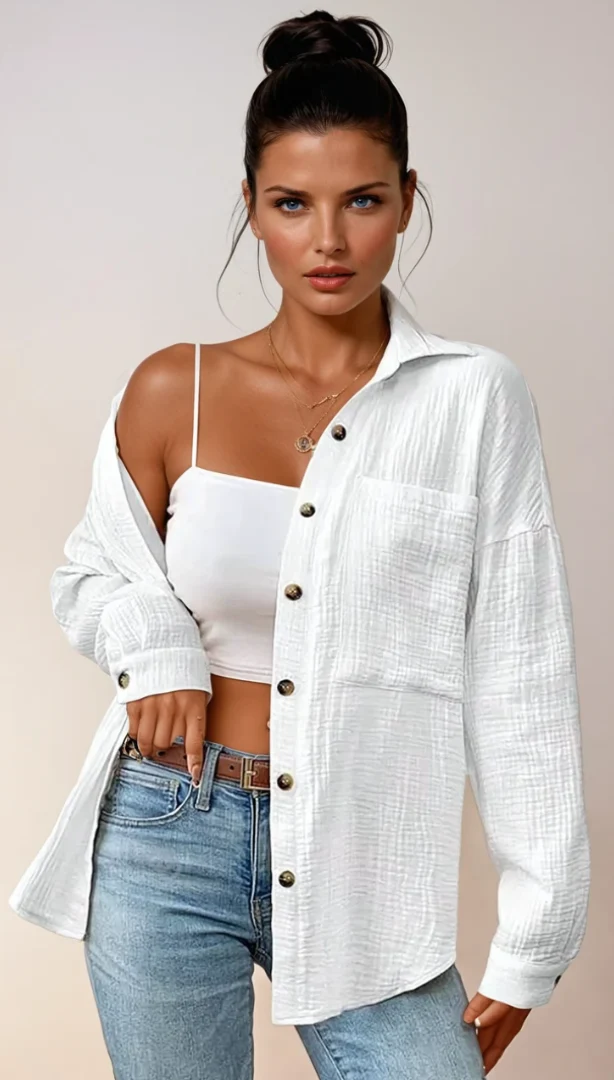 Vit Dam Blus KnappdesignAvslappnad Stil