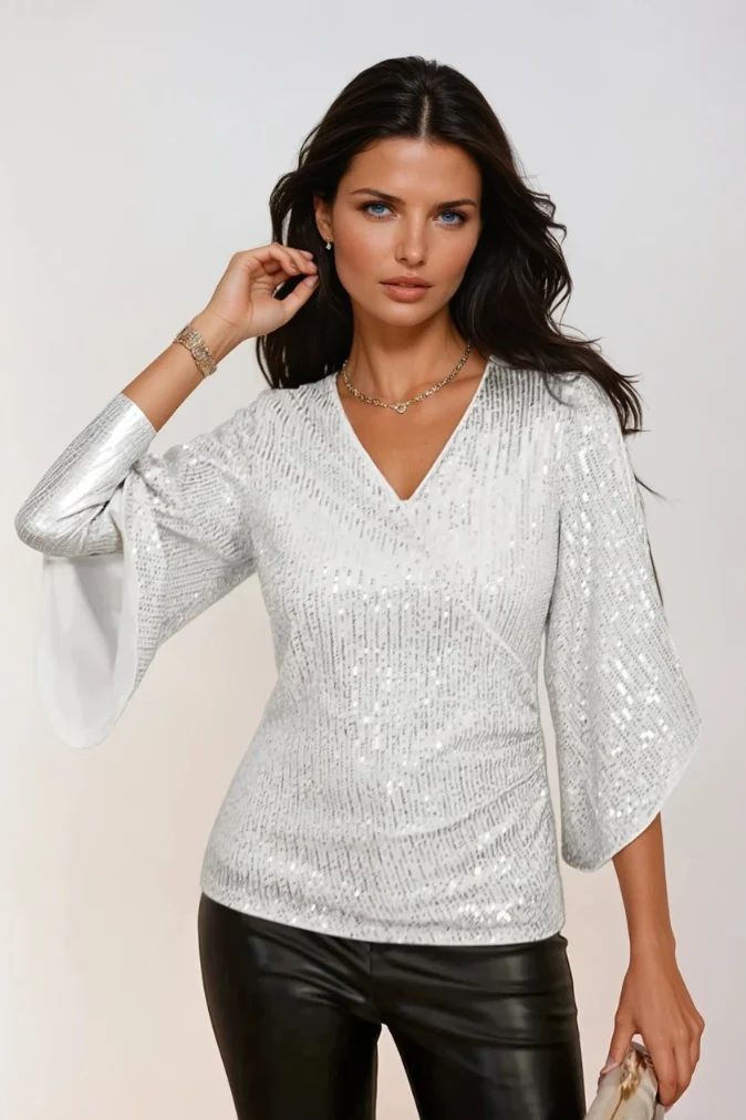 Dam Wrap Blus Glittrande Polyester med Flödande Ärmar
