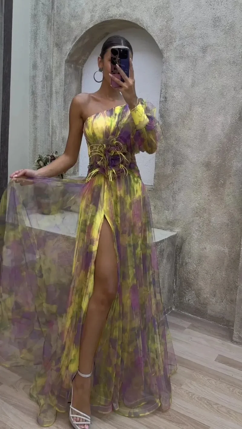 Kvinnors Maxi Klänning Off-the-Shoulder Blommönster Polyester