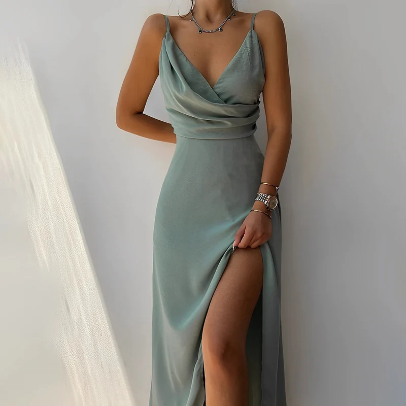 Dam Klänning Midi Draperad Spaghettiband Elegant Polyester