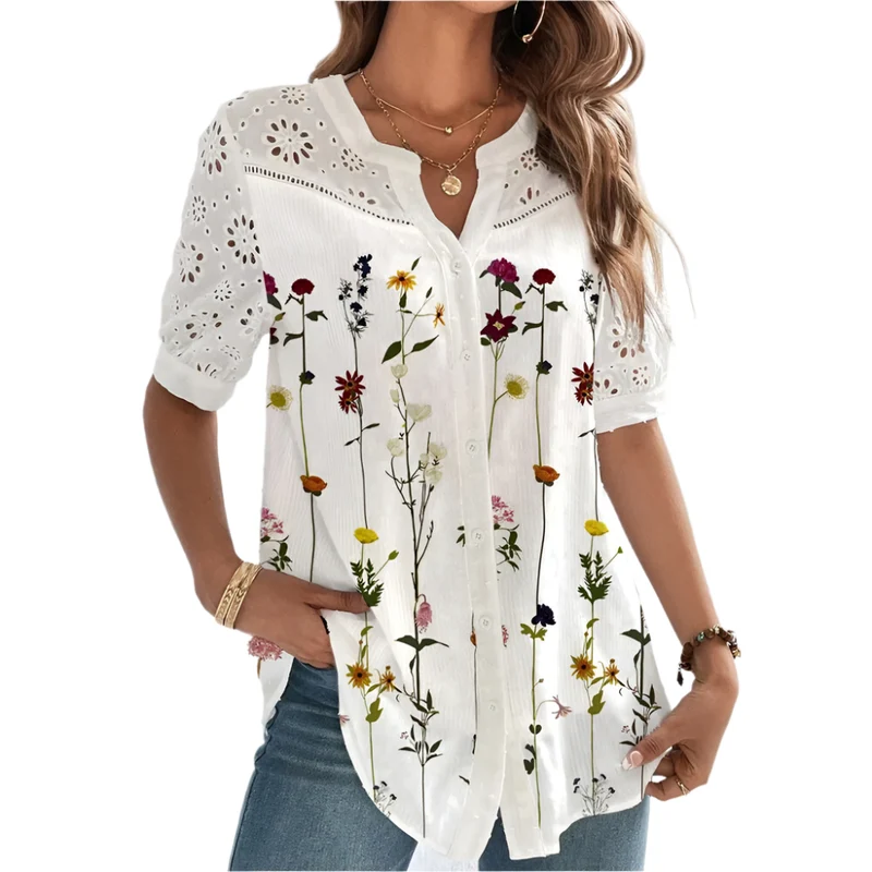 Vit Dam Blus Lekfullt Tryck Polyester Normal Passform