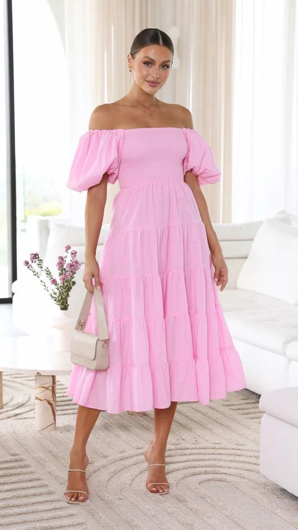 Dam Klänning Off-Shoulder Midi Sommarklänning Mjuk Tyg
