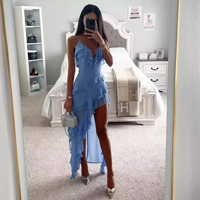 Dam Maxiklänning Asymmetrisk Design i Polyester för Sommar