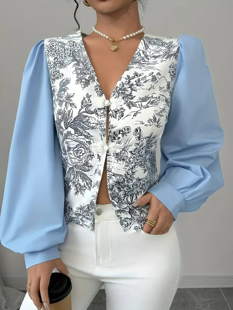 Dam Blus V-hals Blommigt Polyester Lykta Ärmar