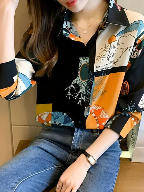 Dam Blus Vintageinspirerad Förtrollande Tryck Bomullsblandning