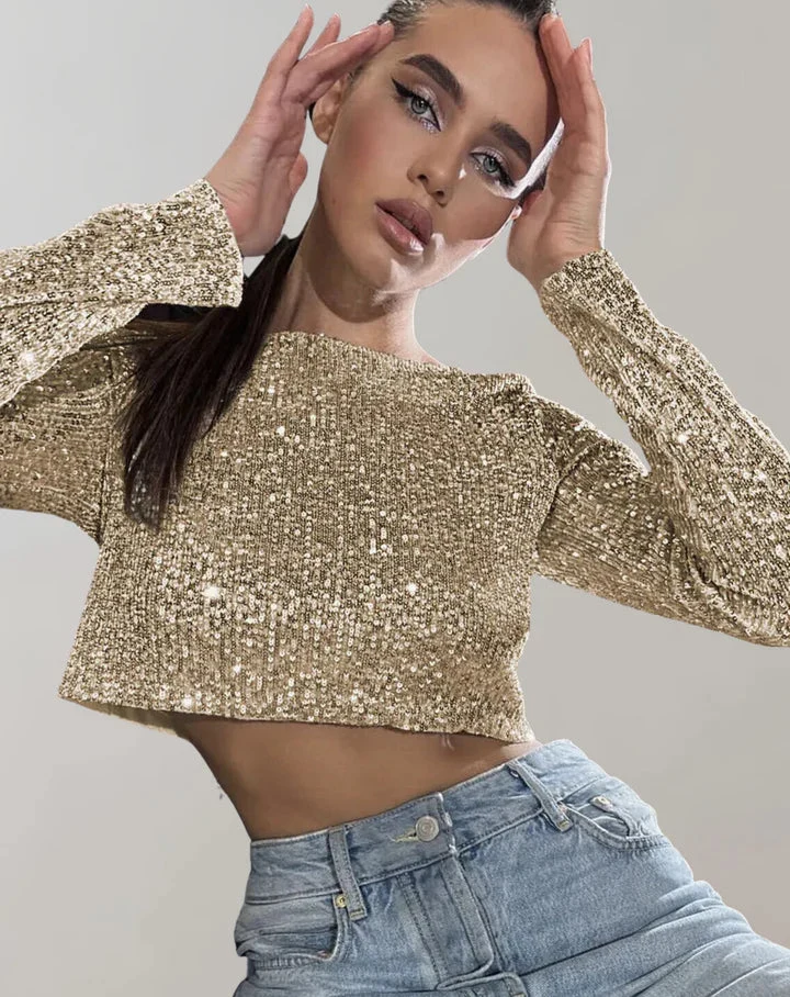 Dam Crop Top Glittrande Polyester Elastan