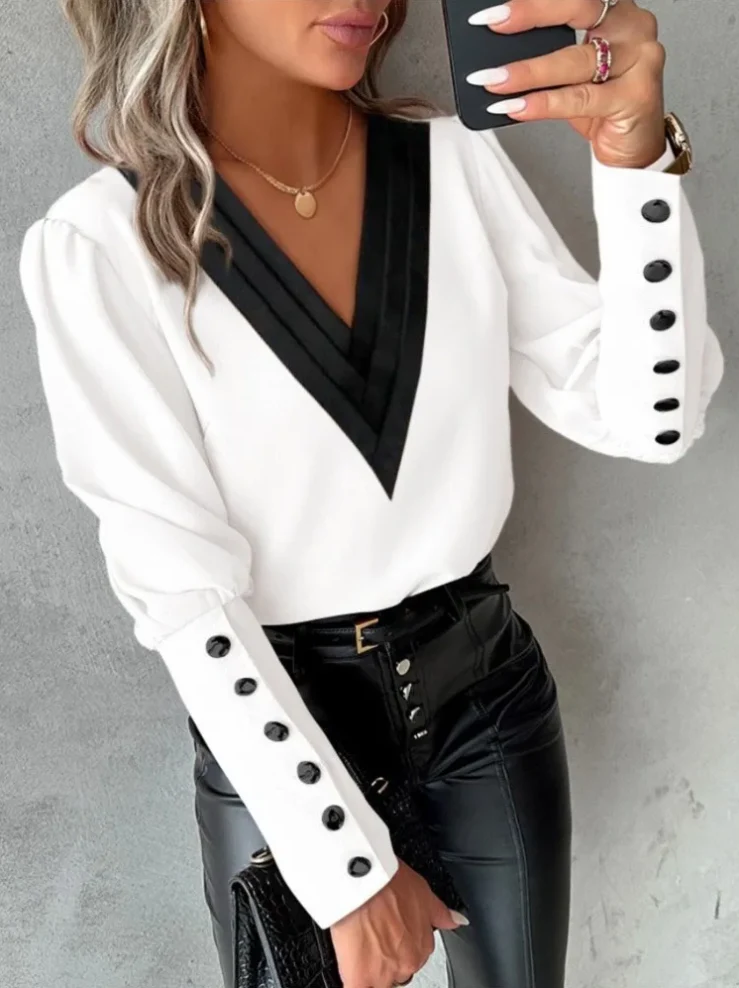 Kvinnors Avslappnad Blus V-ringning Modern Stil