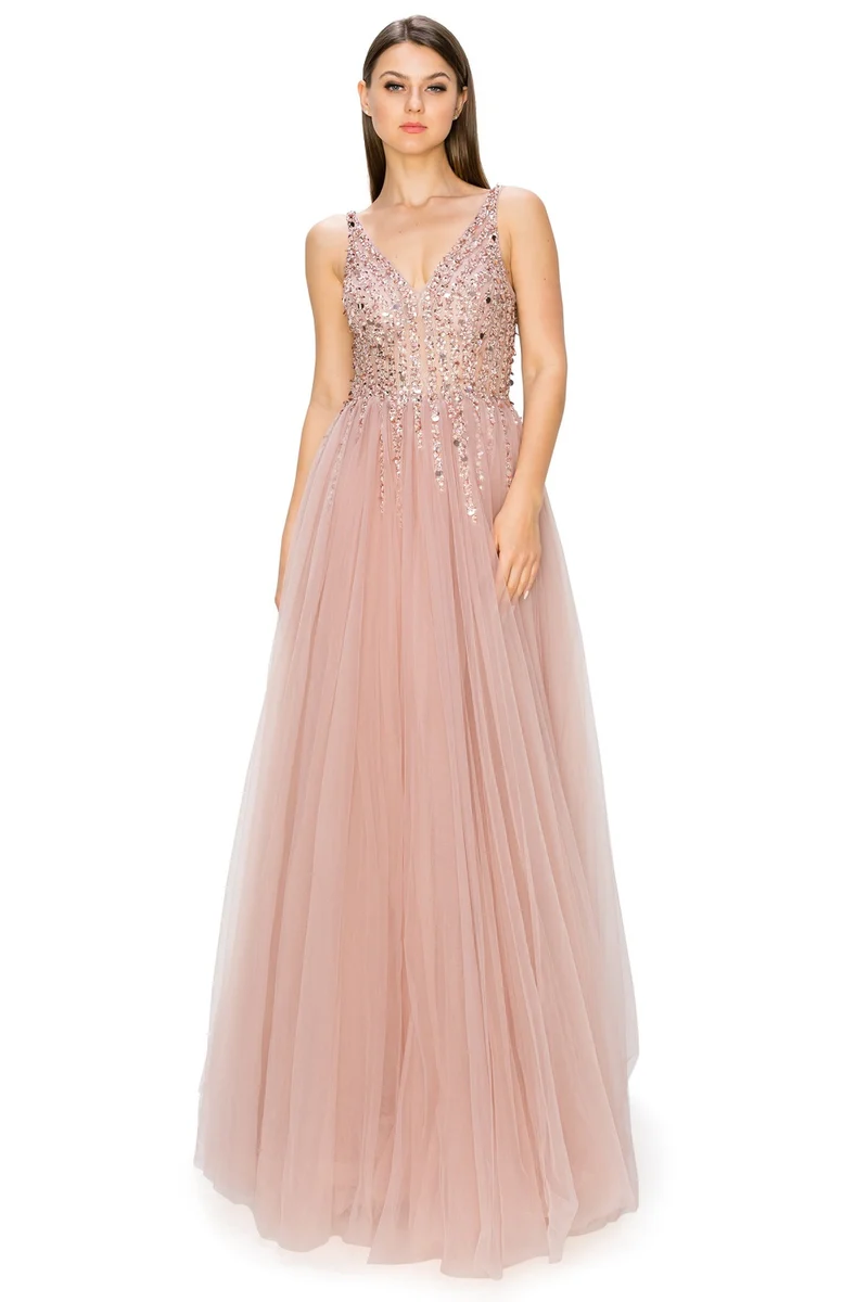 Dusty-Rose Paljetter Spets Tyll A-line klänning från Cinderella Couture USA AS8034J - Speciellt tillfälle/kurvor