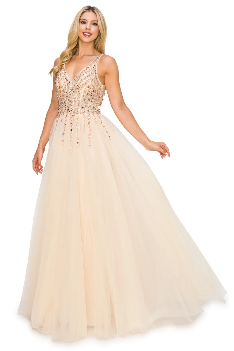 Champagne paljetter Spets Tyll A-line klänning från Cinderella Couture USA AS8034J - Speciellt tillfälle/kurvor
