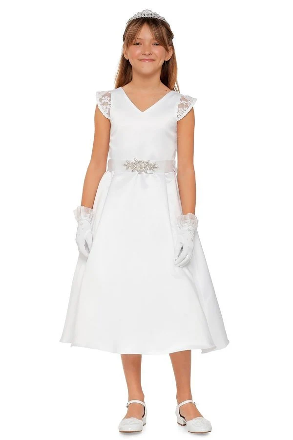 Keps Spetsärm Satin Girl Communion Klänning från Cinderella Couture USA AS2009