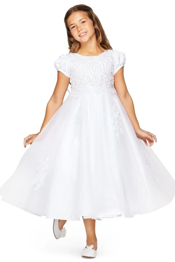 Puffärm Blommig Pearl Bead Spets Tyll Flower Girl Dress från Cinderella Couture USA AS2012