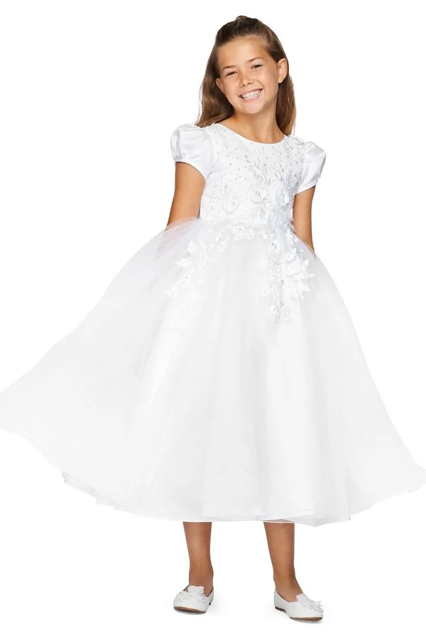 Blommig stenmössa ärm Satin Tyll Flower Girl Dress från Cinderella Couture USA AS2013