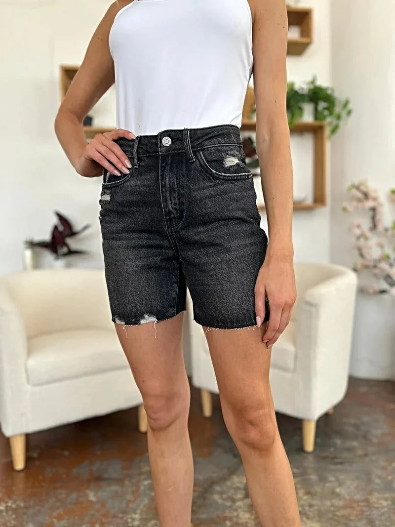 Judy Blå Denimshorts med Hög Midja - Full Size, Styv Magisk Passform med Rå Fåll, Förhöj Din Sommarstil