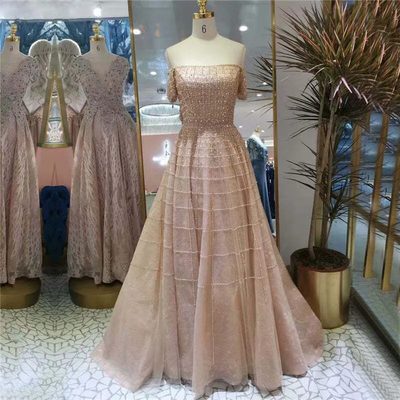 Elegant Paljett Off Shoulder Långärmad Balklänning A-linjedesign