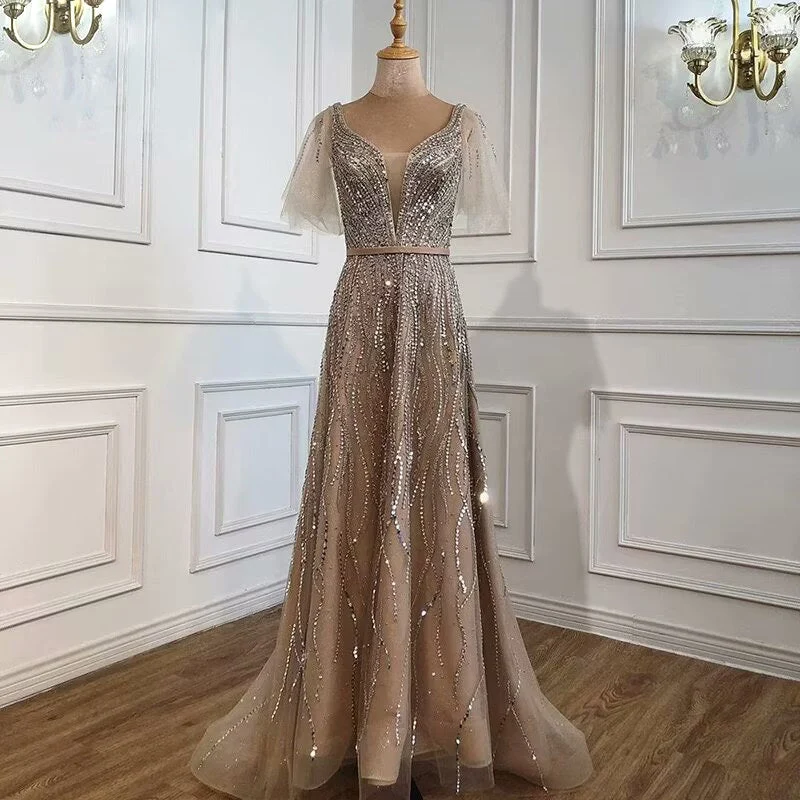 Elegant Taupe Kortärmad V-ringad A-linjeformad Balklänning