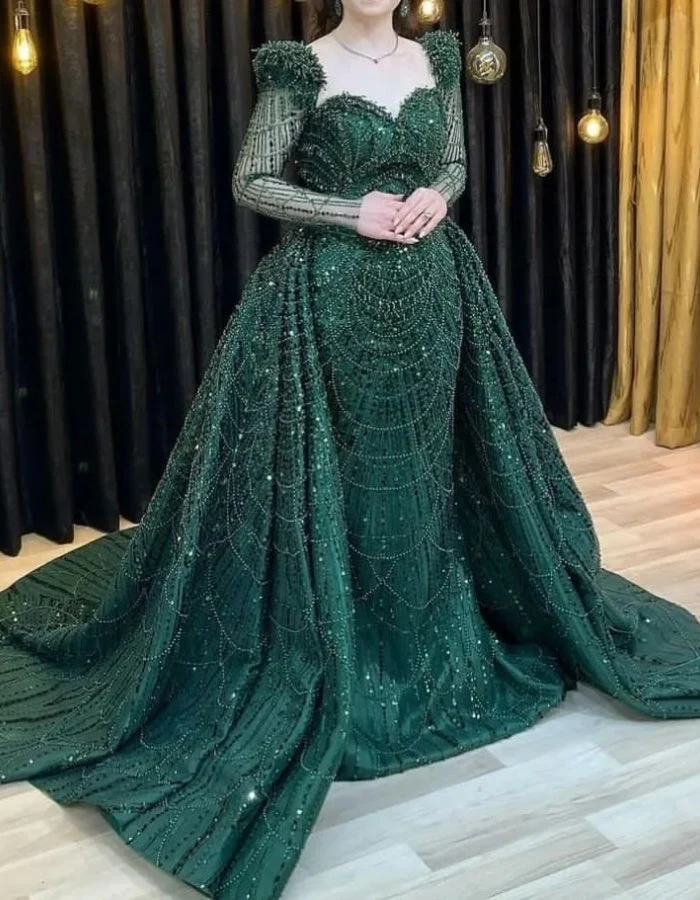 Elegant Glittergrön Sjöjungfrubalklänning med långa ärmar