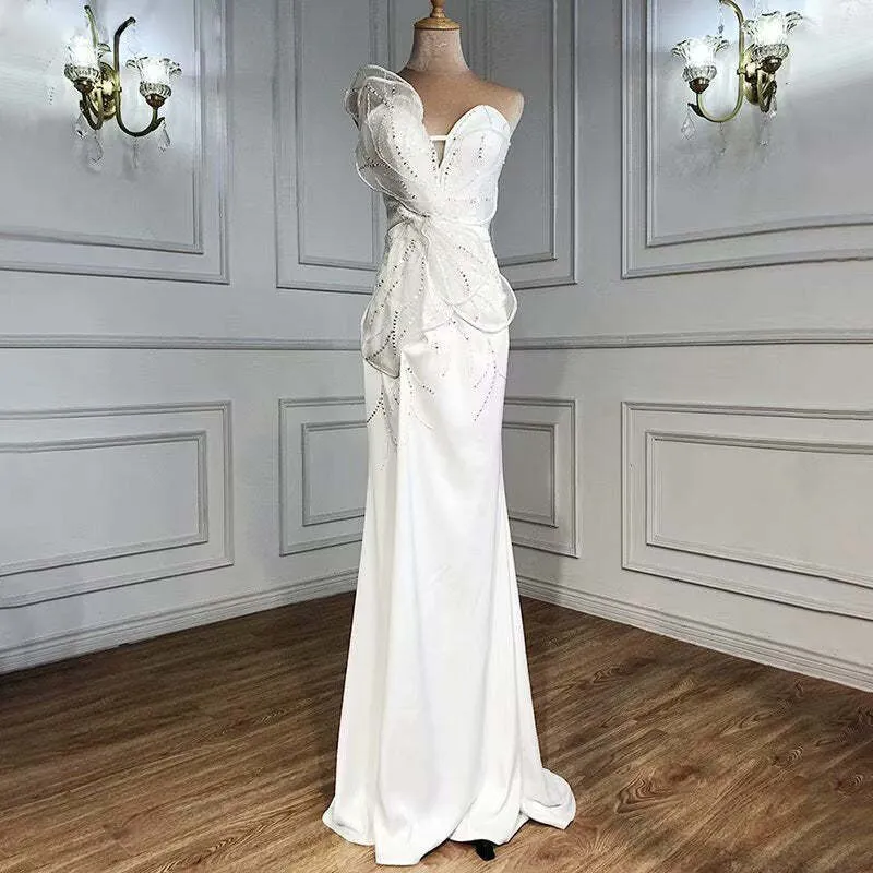 Elegant Vit Lång Sjöjungfrubalklänning Hög Slits Paljett Applikation