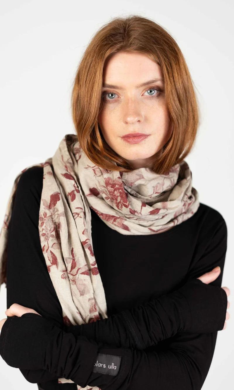 Linnescarf, rektangulär blommig