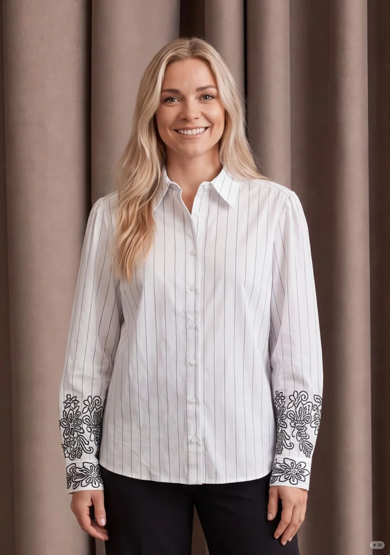Sigga Embroidery Shirt - White Pinstripe