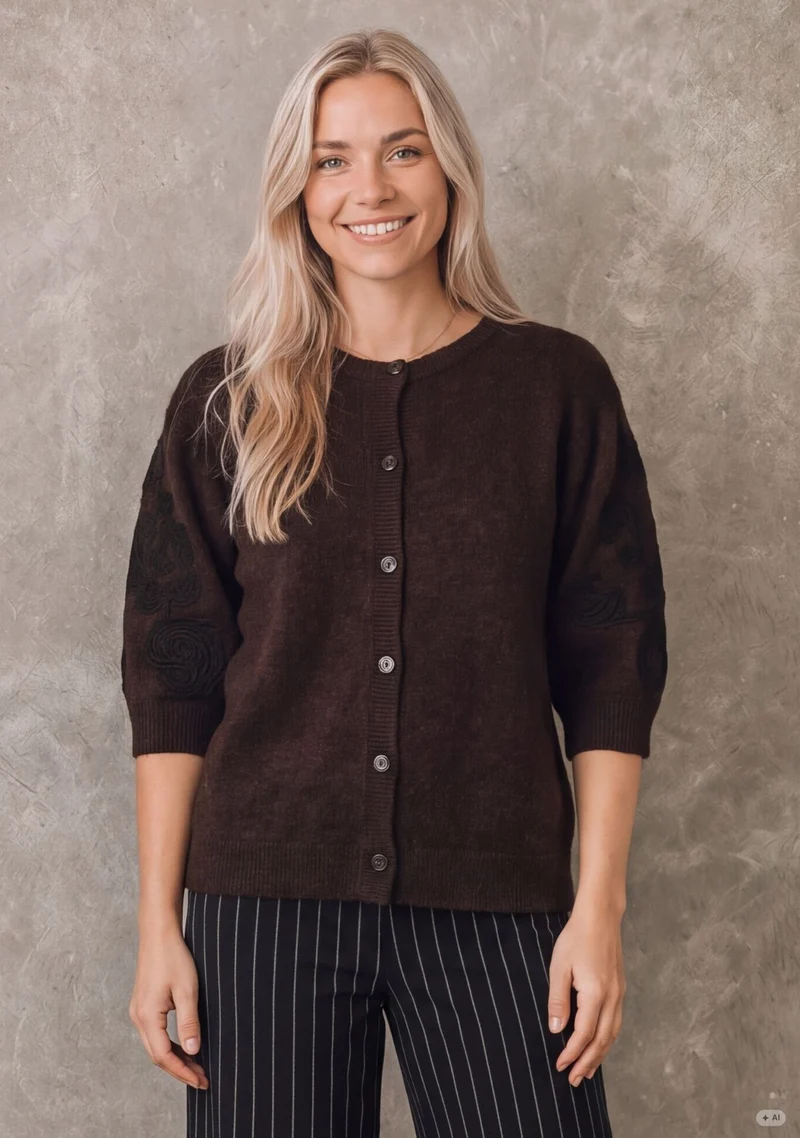 Anna s/s Cardigan - Dark Brown Melange