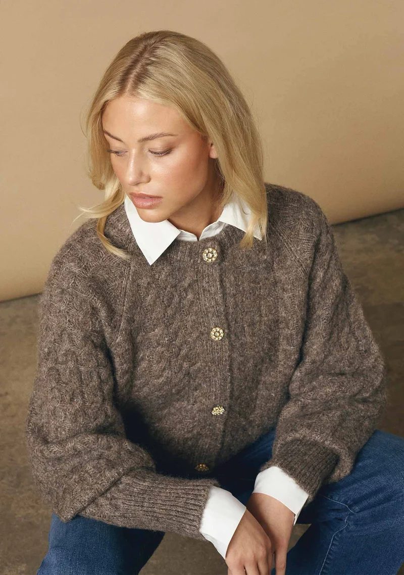 Anna Cable Cardigan - Taupe Melange