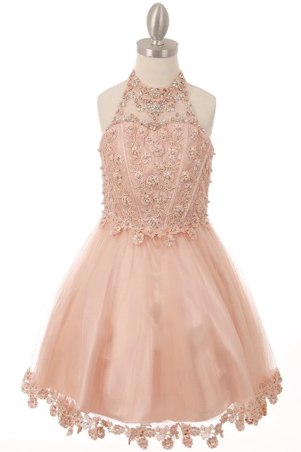 Halter Perl Beaded Mesh Satin Girl Party Dress från Cinderella Couture USA 8500