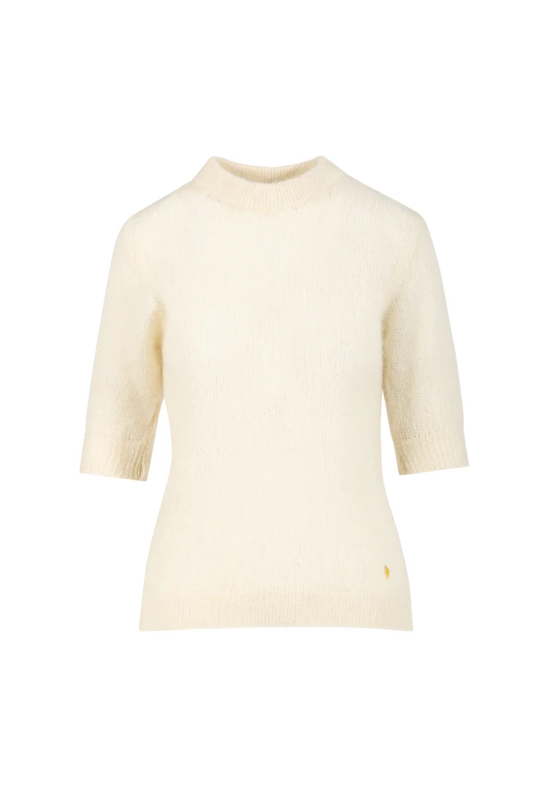 Stickad kortärmad tröja i alpacka - Creme
