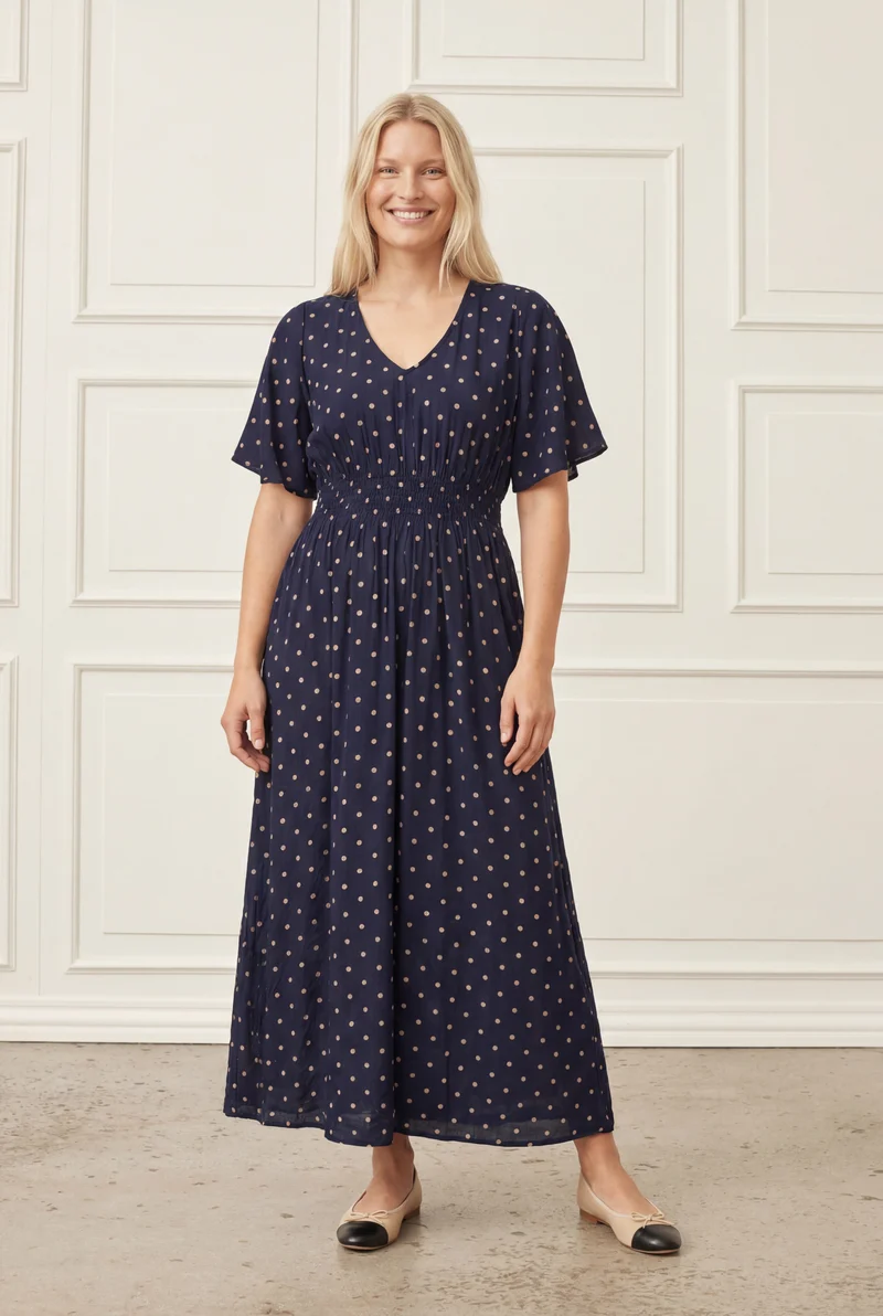 Naomi Stretch Dress - Navy Dot