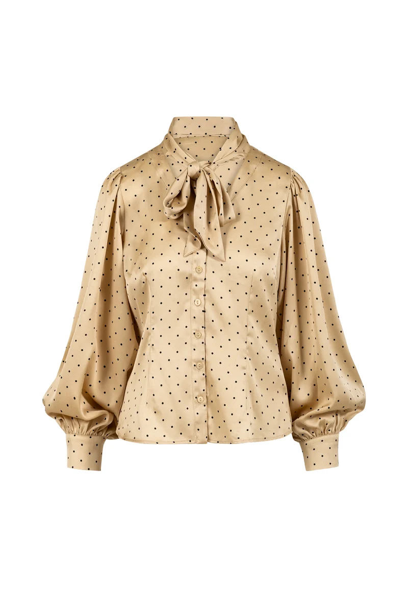 Long sleeved blouse with ribbon collar - Beige dot