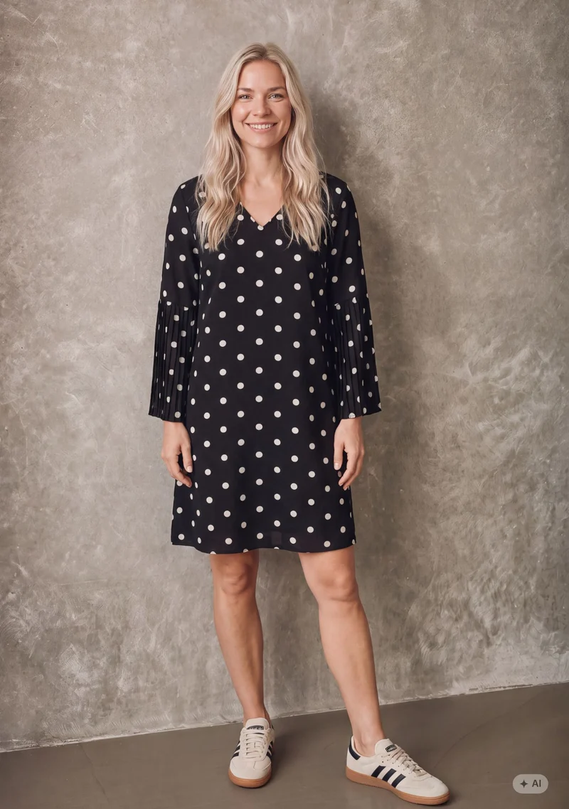 Melba Pleat Dress - Black w/Dots