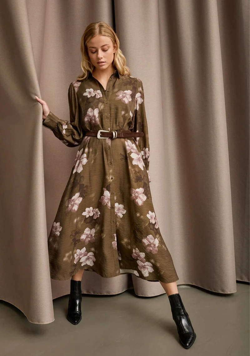 Ane Classic Dress - Khaki Flowerdream