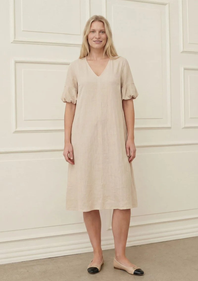 Pearl Baloon Sleeve Dress - Sand