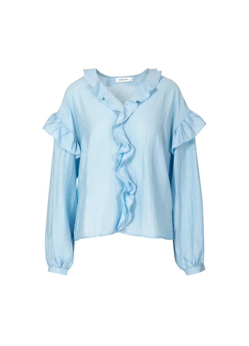 BLUS MED LÅNGA ÄRMAR OCH VOLANGER - Bright blue
