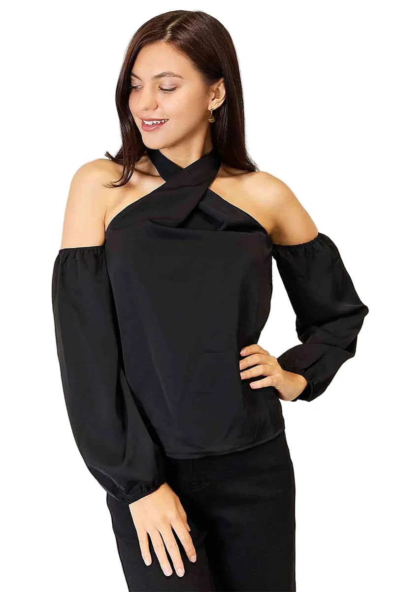 Grekisk blus med kall axel - Elegant långärmad design med feminin drapering och klassisk stil
