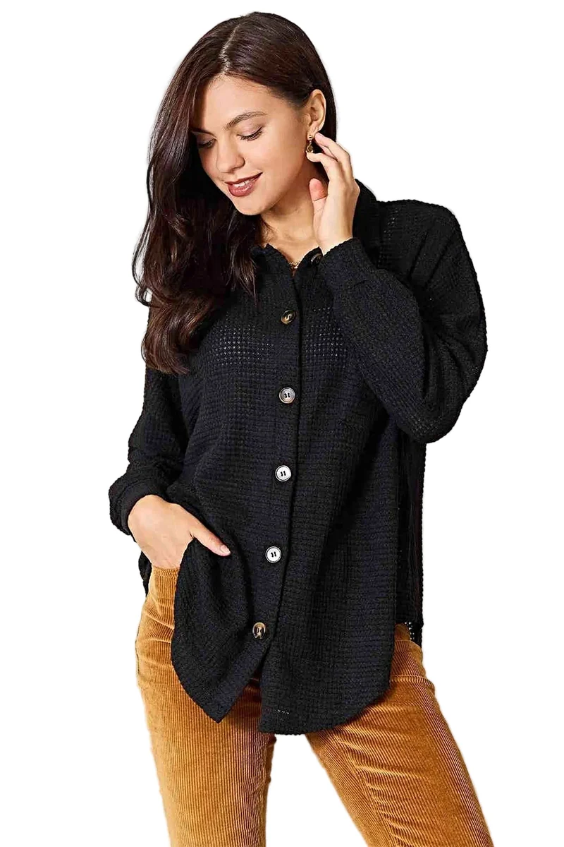Double Take Waffle-Knit Collared Neck Dropped Shoulder Shirt
