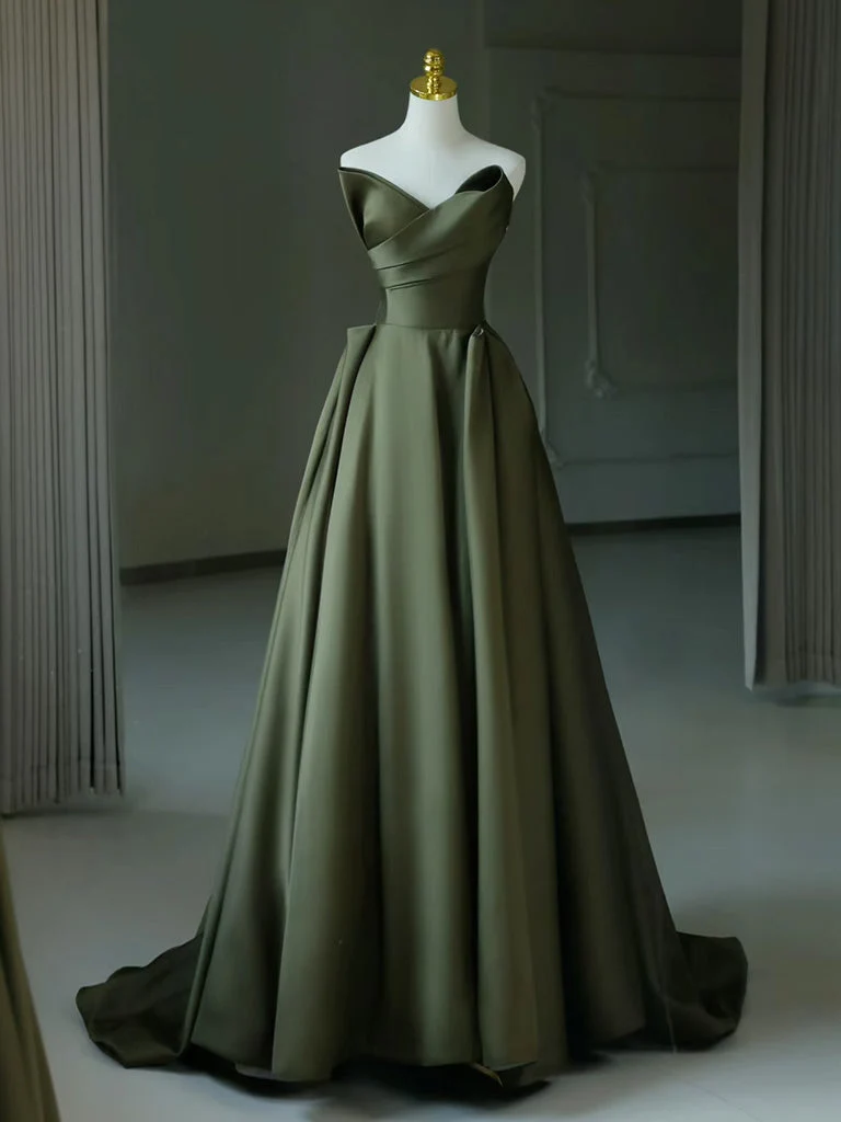 Elegant A-linjeformad V-ringning Satin Grön Lång Balklänning Aftonklänning