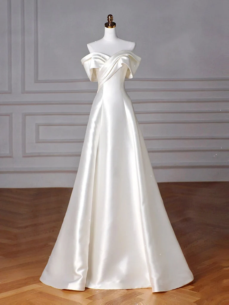 A-linjeformad Off Shoulder Satin Beige Lång Balklänning för Formell Aftonklänning