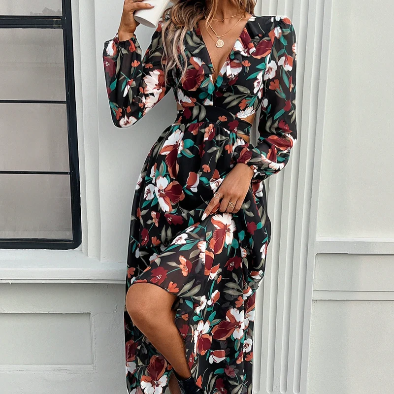 Mia | Elegant Långärmad Klänning med Blommönster för Fest