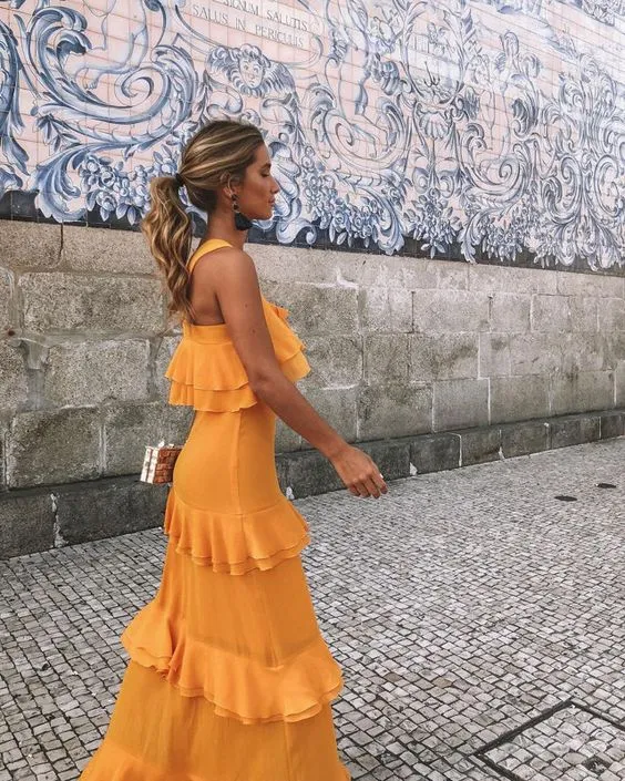 Elegant golvlång balklänning ny mode flerskiktad aftonklänning