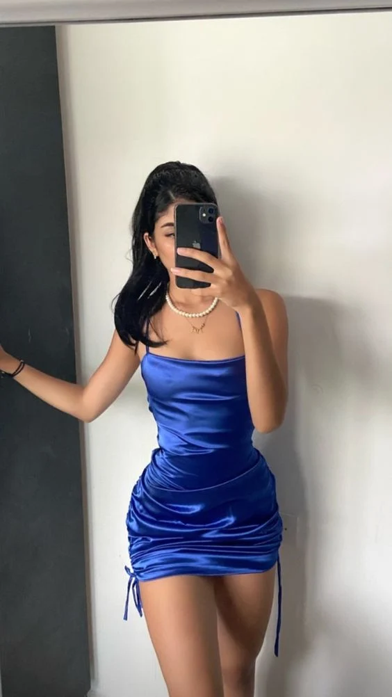 Blå Cocktailklänning Ärmlös Satin Dragkedja Bak Modern