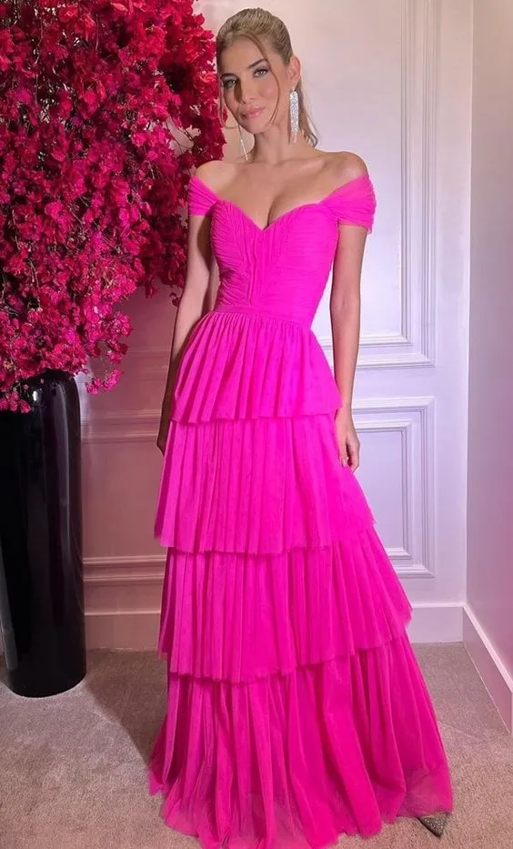 Hot Pink Bara Axlar Långa Aftonklänningar Balklänningar