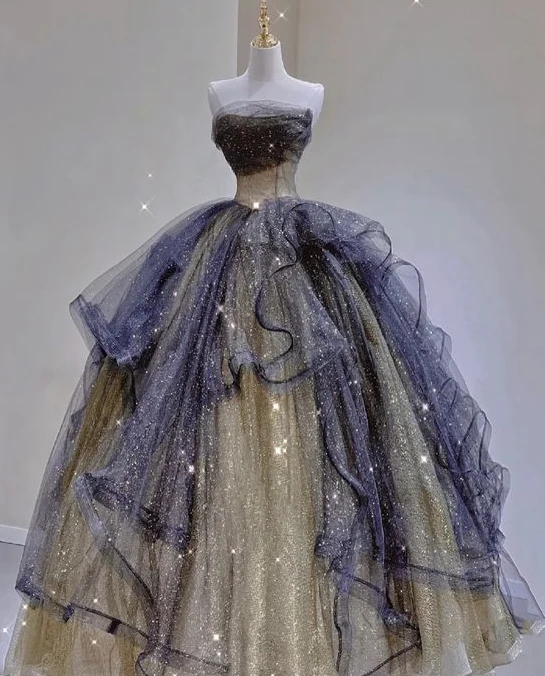 Elegant Glitter Volang Tyll Lång Balklänning Balklänningar