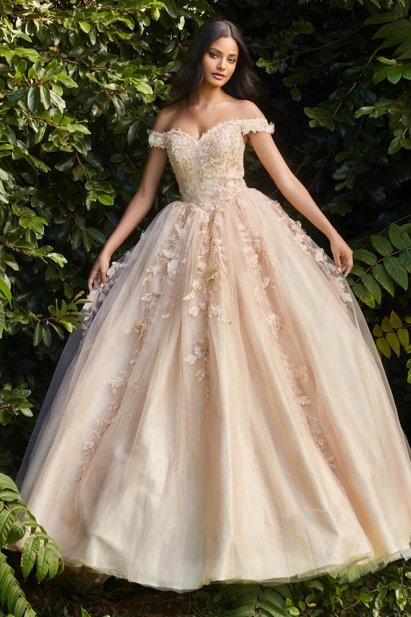 Off The Shoulder Layered Tulle Gown av Cinderella Divine CD0185 - Quinceanera