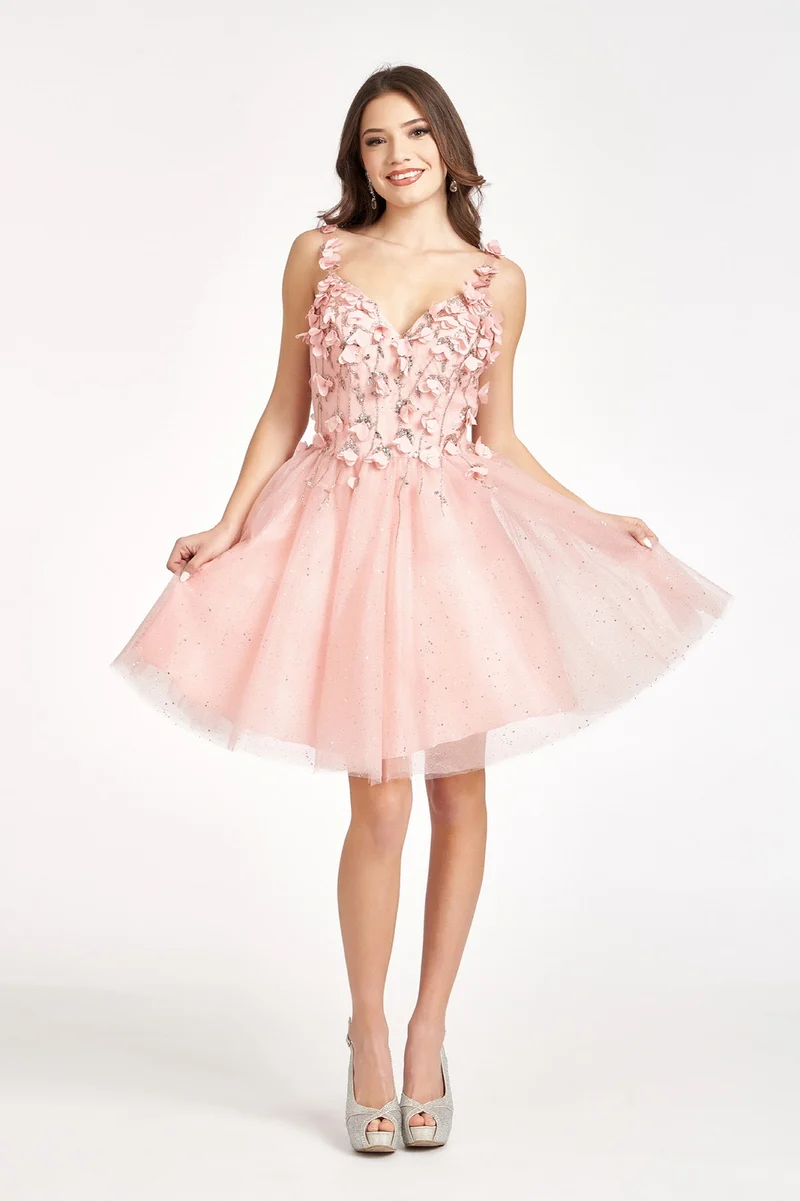 Elizabeth K - GS1999 - 3D Blommor Applique Glitter V-ringad Cocktailklänning - Kort