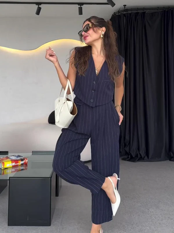 Sophie | Elegant Tredelat Set med Väst och Högmidjade Byxor