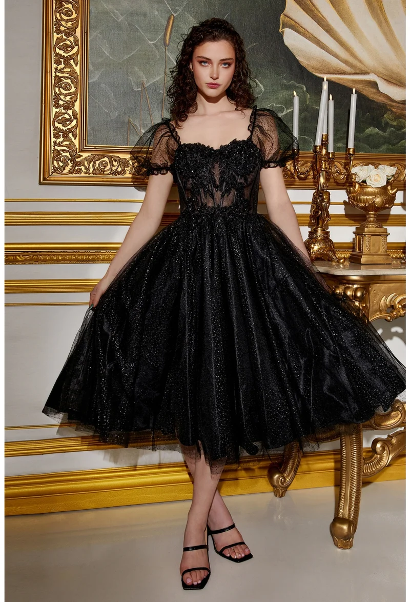 Puffärmar Korsett Bodice Te Längd Kort Tyllklänning från Cinderella Divine-CD0187