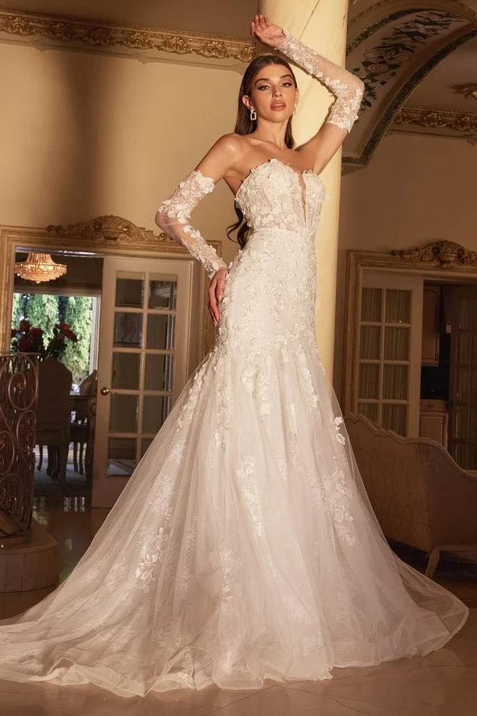 Off the Shoulder Långärmad spetsbrudklänning från Cinderella Divine CD977W