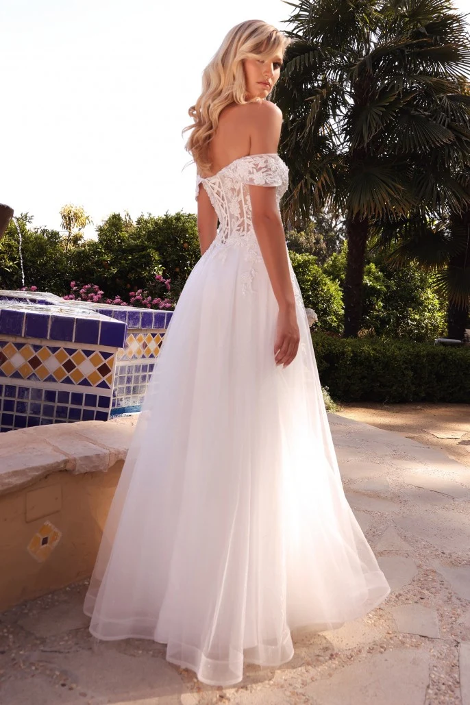 Off the Shoulder Lace Sheer Bodice A-linje brudklänning från Cinderella Divine CD961W