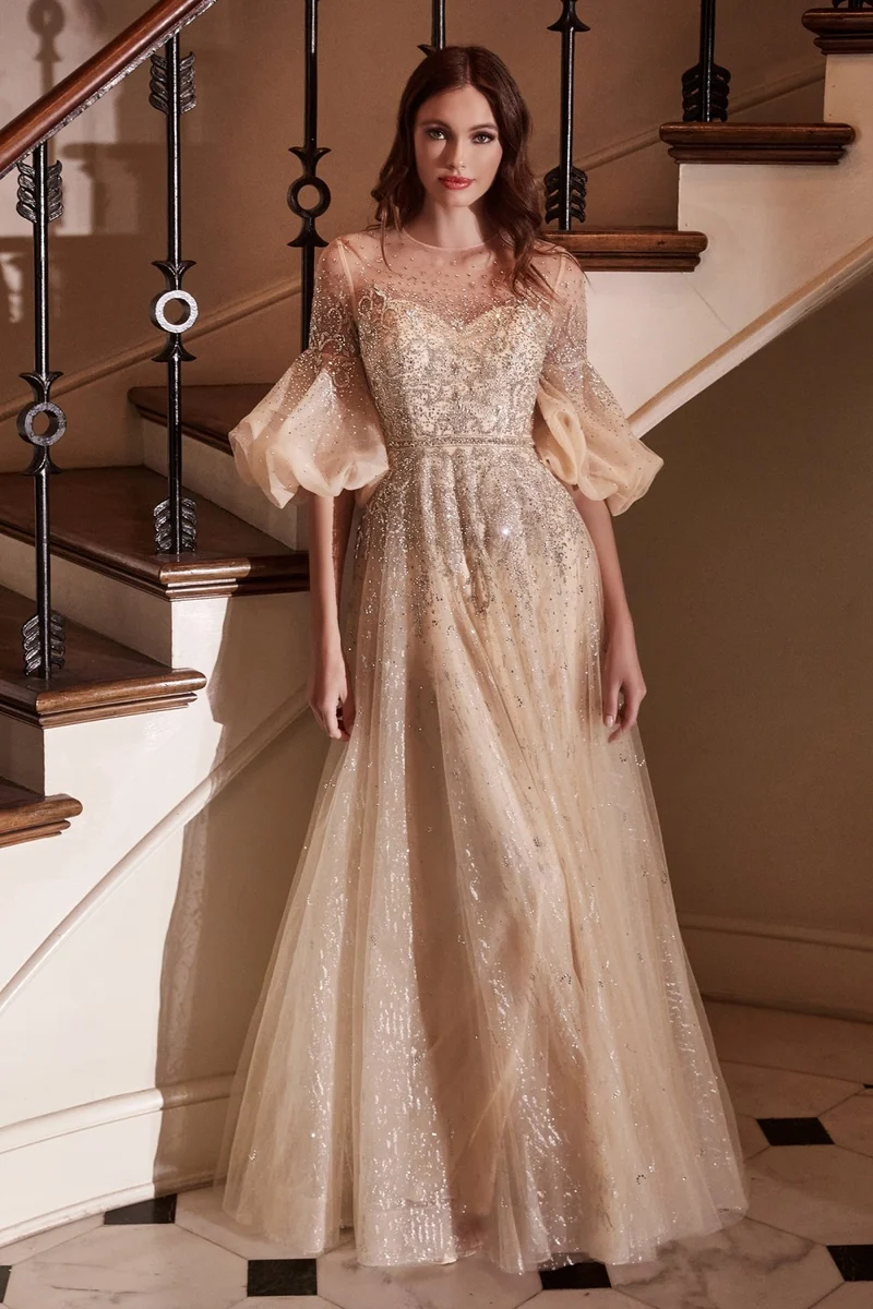 Volangärm och rhinestones champagnebollklänning från Cinderella Divine B703 - speciella tillfällen/kurvor